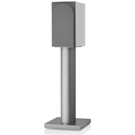 bowers and wilkins 706 s3 bookshelf side view w/ stand and grille white