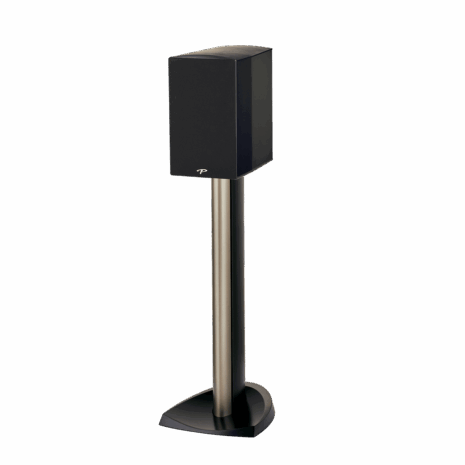 Paradigm Premier 200b Bookshelf Speakers black on stand with grill