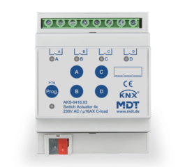 MDT Switch Actuator 4-fold, 4SU MDRC, 16 A, 230 V AC, C-load, standard, 140 μF