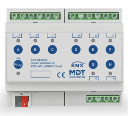 MDT Switch Actuator 8-fold, 6SU MDRC, 10 A, 230 V AC, C-load, standard, 140 μF