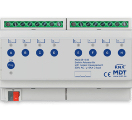 MDT Switch Actuator 8-fold, 8SU MDRC, 16 A, 230 V AC, C-load, standard, 140 μF, current measurement